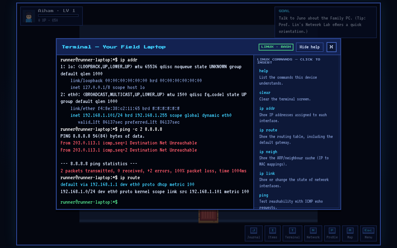 In-game Linux terminal running ip addr, ping and ip route against the simulated network