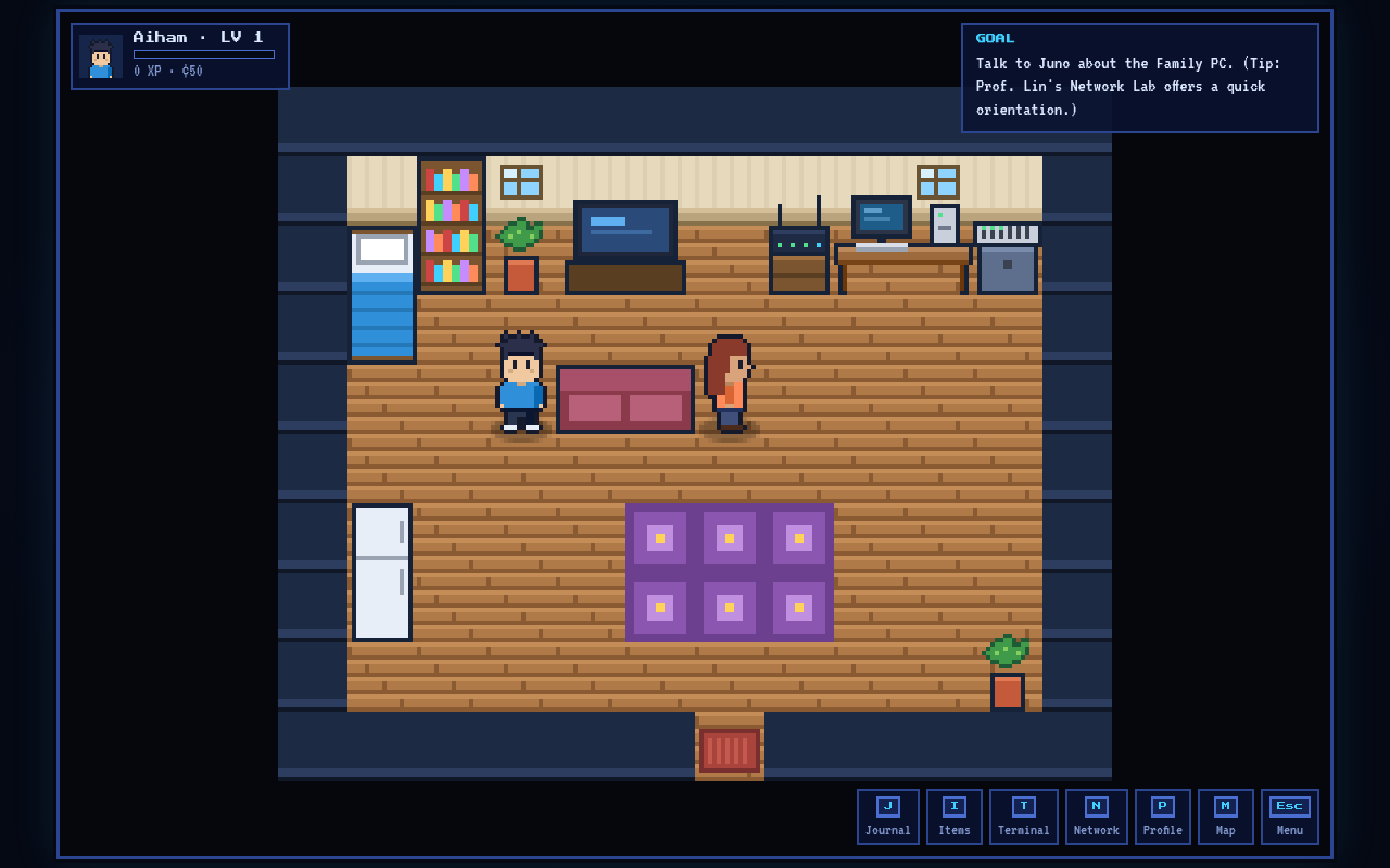 The player's home in Packet Town, with the HUD and current goal